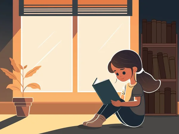 Персонаж Молодой Девушки Читает Книгу Вазой Растений Книжные Полки Фоне — стоковый вектор