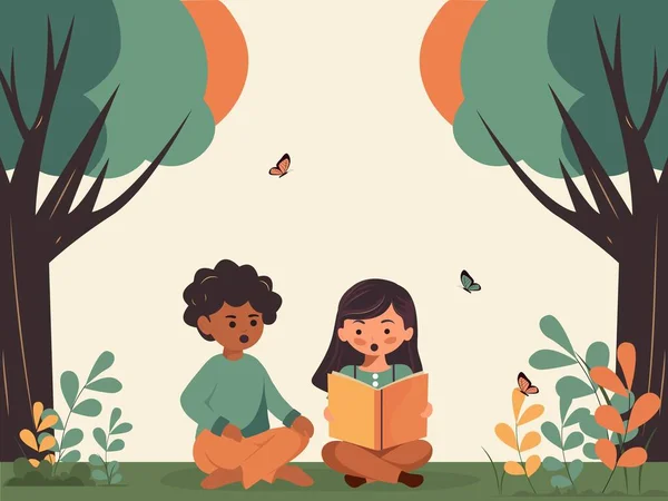 Postać Dzieci Czytanie Książki Razem Motyle Tle Natury — Wektor stockowy