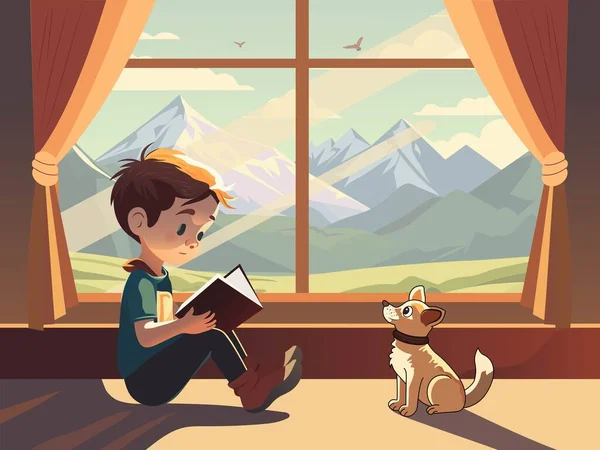 Cute Boy Character Czytanie Książki Uroczym Psem Krajobraz Górski Widok — Wektor stockowy