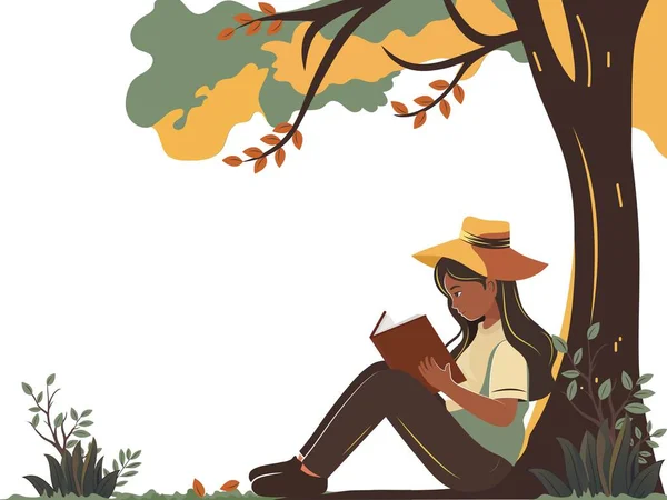 Beyaz Arka Planda Ağacın Altında Fedora Şapkalı Bir Kitap Okuyan — Stok Vektör