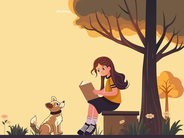 自然の景色を望む愛らしい犬の前で木の切り株の本を読む若い女の子のキャラクター — ストックベクタ