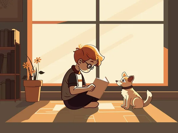 Векторна Ілюстрація Милого Хлопчика Персонаж Читання Книги Біля Собаки Рослинна — стоковий вектор