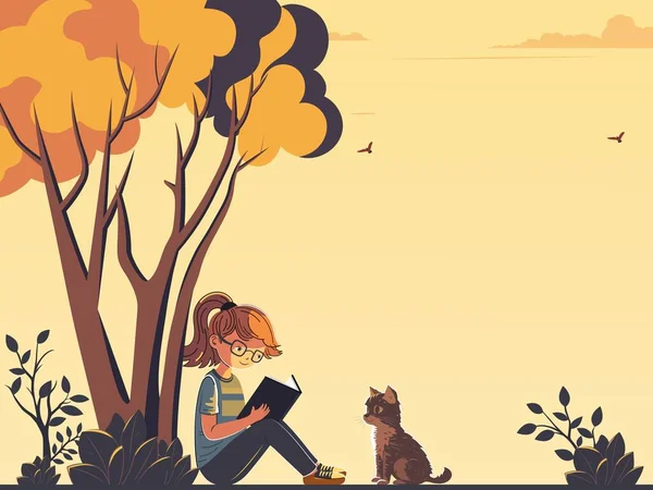 时尚的小女孩在黄色背景和复制空间的树下读一本有可爱猫的书 — 图库矢量图片