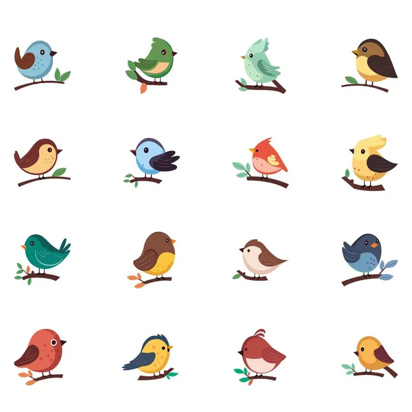 不同类型的鸟类以扁平风格坐在树枝图标上 — 图库矢量图片