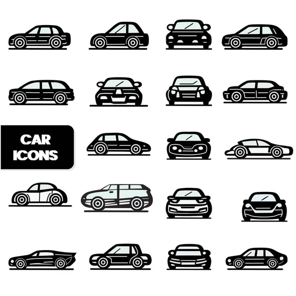 黒と白の色で車のアイコンの様々なタイプ — ストックベクタ