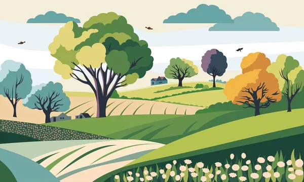 Vecteur Nature Paysage Fond Avec Champ Colline Arbres Floral — Image vectorielle