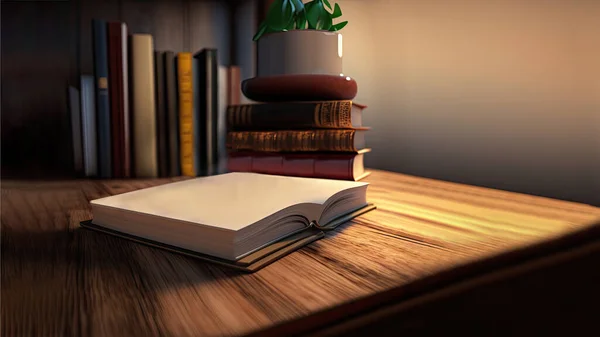 Closeup View Of Reading Books, Leaves Plant Pot On Wooden Desk  In Dark Background. 3D Render.