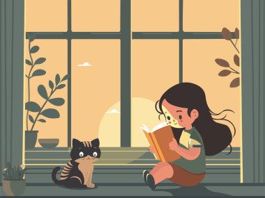 Kedi Yakınındaki Bir Kitap okuyan Sevimli Kız Karakteri Oturuyor ve Güneş Penceresinin Arkasına Vazo Yerleştir.