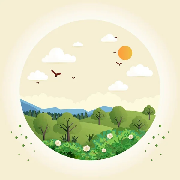 Forme Circulaire Montagne Nature Paysage Fond Avec Soleil Oiseaux Volants — Image vectorielle