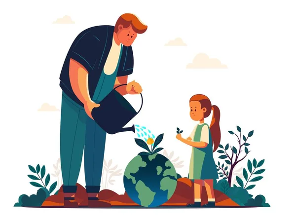 若い男と自然を背景に地球と一緒に彼の娘のキャラクターガーデニング — ストックベクタ