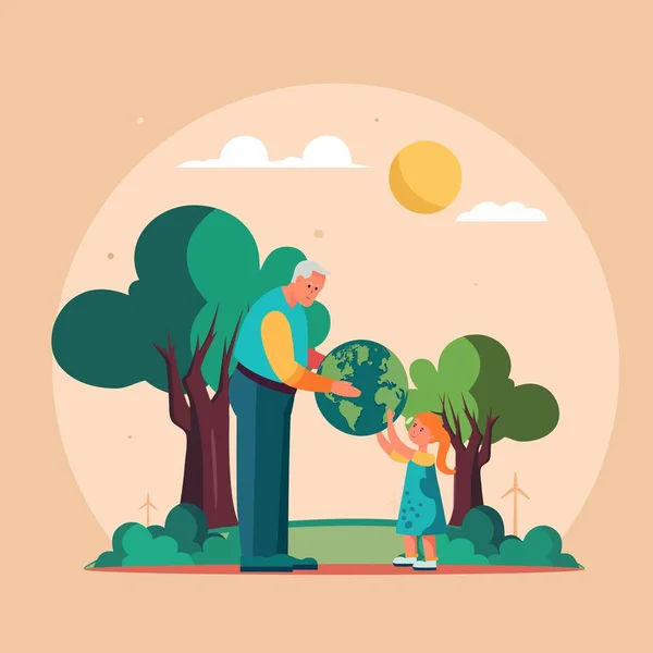 太陽の下で地球の球を保持する高齢者の男と女の子のキャラクター桃の背景 — ストックベクタ