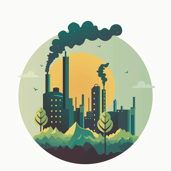 Umweltverschmutzung Durch Die Industrie Auf Sonne Natur Landschaft Hintergrund Kreisform — Stockvektor