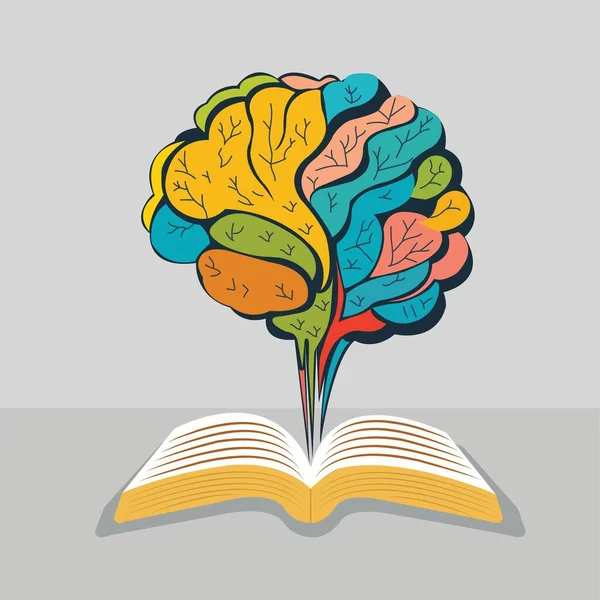 Vector Illustration Open Book Growing Brain Gray Background — Stock Vector