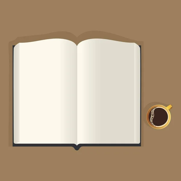 ブランクページ付きオープンブックのトップ表示 茶色い背景のティーマグ要素 — ストックベクタ
