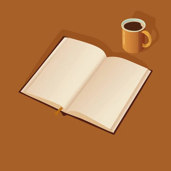 带空白页的开卷本 棕色背景下的茶杯元素 — 图库矢量图片