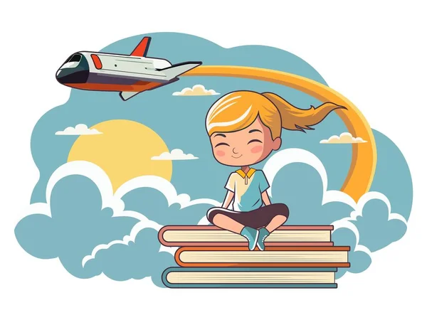 Roztomilý Dívka Postava Sedí Knize Stack Proti Letadlu Létání Obloze — Stockový vektor