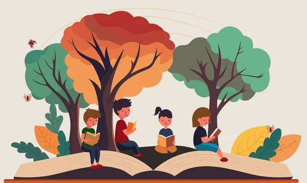 自然を背景にした本や本を読む子どもたちのベクトルイラスト — ストックベクタ