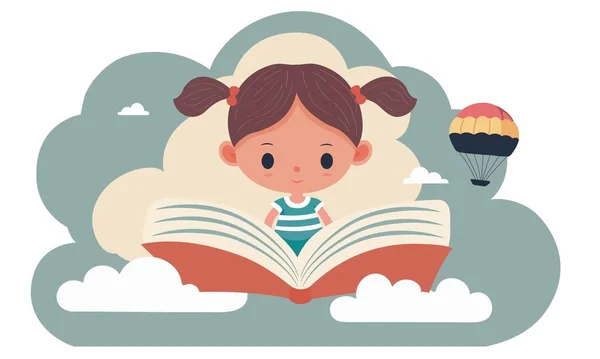 オープンブックでかわいい女の子の文字 グレーと白の雲の上に熱気球背景 — ストックベクタ