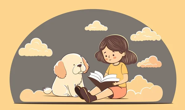 可爱的女孩角色读物和卡通狗坐在灰蒙蒙的背景上 — 图库矢量图片