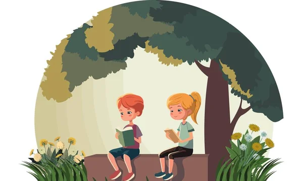 Νεαρό Αγόρι Και Κορίτσι Χαρακτήρα Ανάγνωση Βιβλίο Κάτω Από Δέντρο — Διανυσματικό Αρχείο