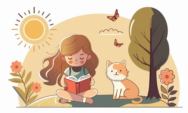 漫画猫座ってかわいい女の子の文字読書本 太陽の自然を背景に蝶 — ストックベクタ