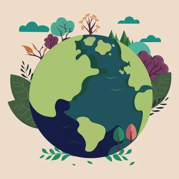 Ağaçlarla Çevrili Dünya Küresi Nin Vektör Llüstrasyonu Bej Arkaplanda Yapraklar — Stok Vektör