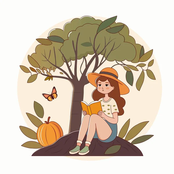 Kelebekli Ağacın Altında Kitap Okuyan Modern Genç Kız Karakterinin Vektör — Stok Vektör