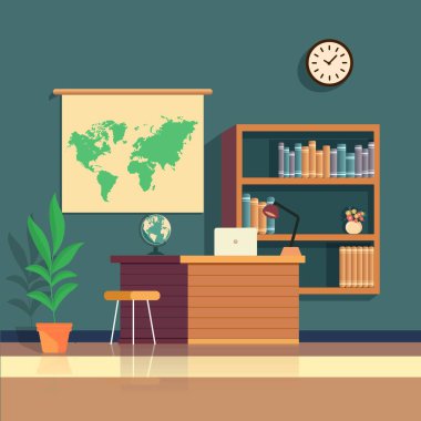 Study Room or Classroom Interior View With Desk, Table Lamp, Laptop, Earth Globe Stand, Bookshelves, Plant Pot, Wall Clock And World Map Illustration. clipart
