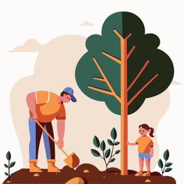 Kürek ve Şirin Kız Karakterinden Genç Adam Bahçıvanlığı 'nın Vektör İllüstrasyonu.