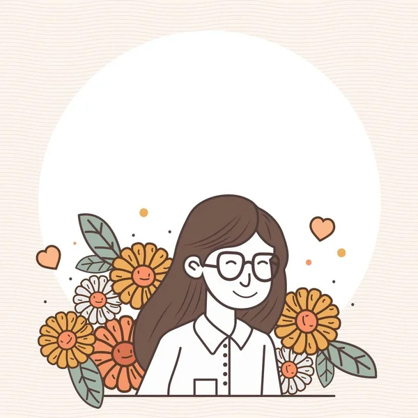 Vector Illustration Smiley Young Girl Character Floral Hearts Decorated Background — 스톡 벡터