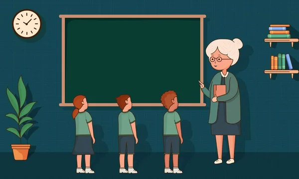 Kvinnliga Lärare Karaktär Ger Instruktioner Till Sina Elever Framför Tom — Stock vektor