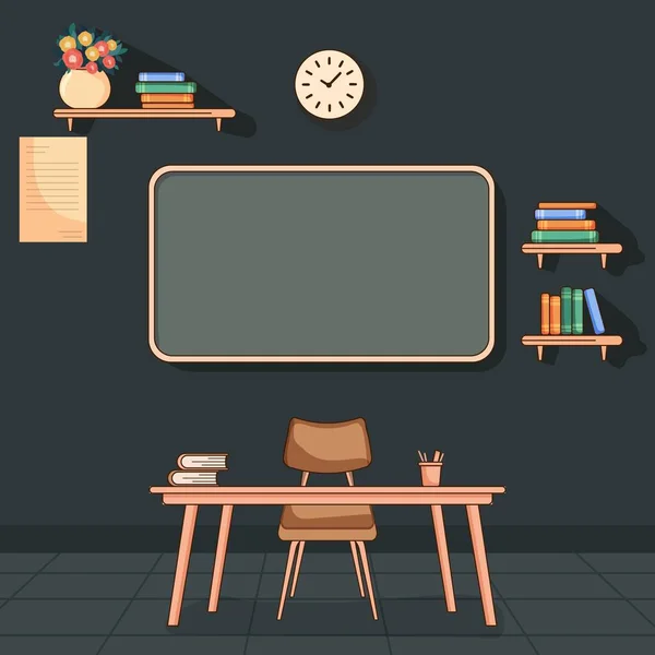 テーブル 空のボード 壁時計 花のポットとして必要な家具の学習室または教室インテリアビュー — ストックベクタ