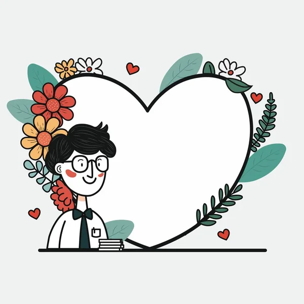 Vector Illustration Smiley Young Man Character Empty Heart Frame Decorated — Stock Vector