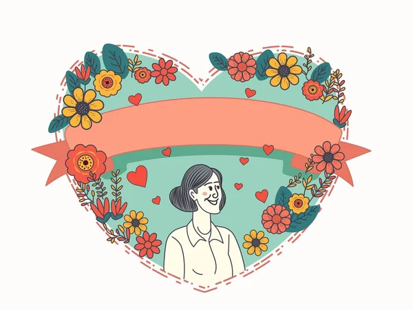 Doodle Style Веселая Молодая Женщина Характер Декоративной Цветочной Формы Сердца — стоковый вектор