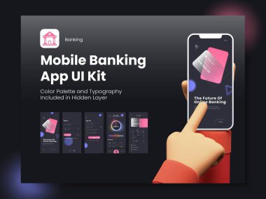 Karşıt Web sitesi için mobil bankacılık uygulaması UI Kit Giriş, Hesap, Aktarım, Fon Aktarımı ve Servis Ayrıntıları dahil olmak üzere farklı giriş ekranları.