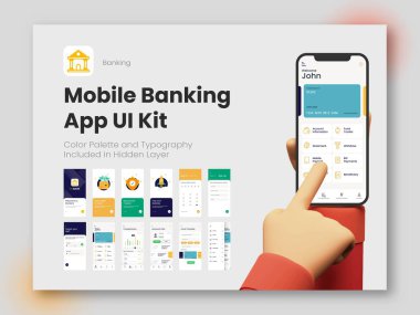 Karşıt Web sitesi için mobil bankacılık uygulaması UI Kit Giriş, Hesap, Aktarım, Fon Aktarımı ve Servis Ayrıntıları dahil olmak üzere farklı giriş ekranları.