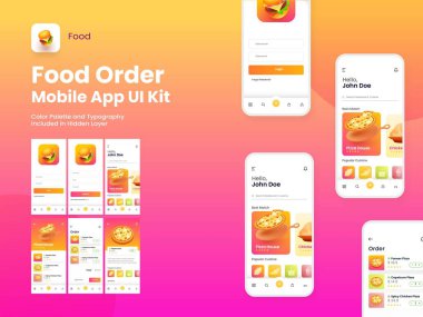 Giriş, Kayıt, Gıda Menüsü, Ödeme ve Sipariş Doğrulama Ekranlarını içeren Çevrimiçi Gıda Siparişi Mobil Uygulaması UI Kit.