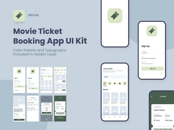 Movie Ticket Booking App Kit Incluso Account Accedi Registrati Prenotazione — Vettoriale Stock