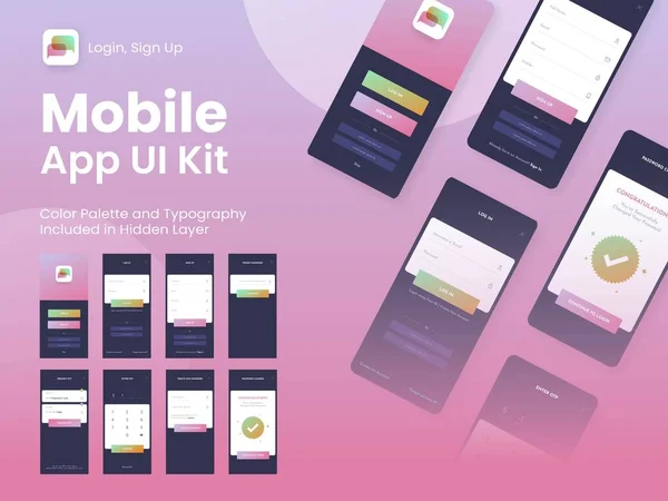 Mobile App Gui Layout Med Olika Inloggningsfönster Inklusive Konto Logga — Stock vektor