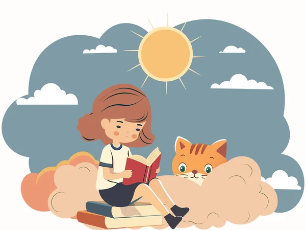 かわいい猫の本のスタックで本を読んでいる若い女の子のキャラクター 太陽のスレートと白の背景に雲 — ストックベクタ