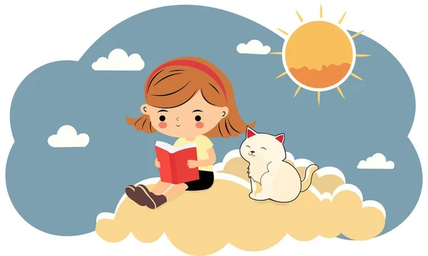 可爱的女孩阅读一本接近猫坐的书 阳光蓝白相间的云彩 — 图库矢量图片