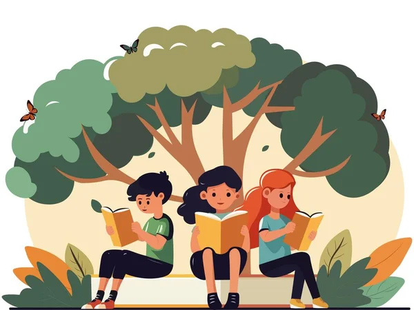 Postacie Dzieci Czytanie Książek Pod Drzewem Motyli Widoku Natury — Wektor stockowy
