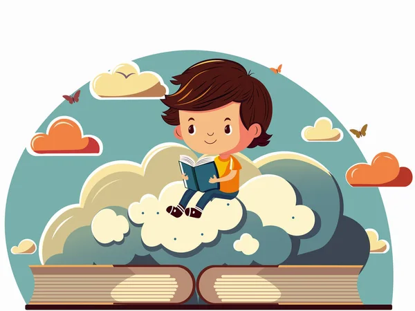 Leuke Jongen Karakter Lezen Boek Wolken Achtergrond Met Vlinders — Stockvector