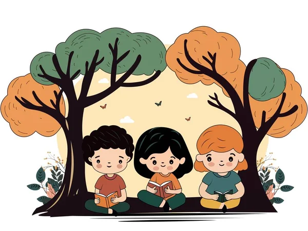 Çocuklar Ağacın Altında Oturuyor Doğa Hakkında Kitaplar Okuyor — Stok Vektör