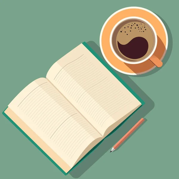 带空白页 茶杯元素的开放式书籍或日记的顶部视图 浅绿色背景 — 图库矢量图片