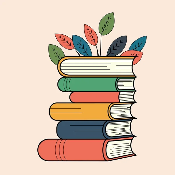 パステルカラーの桃の背景に本や葉のスタック — ストックベクタ