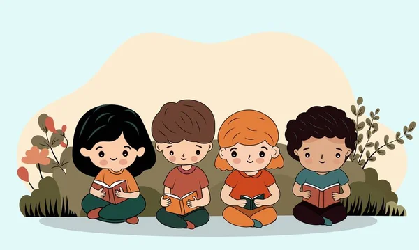 Postacie Dzieci Czytanie Książek Siedząc Pose Przeciwko Naturze — Wektor stockowy