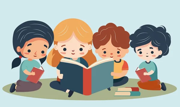 Dětské Postavy Čtení Knih Společně Sedící Póze — Stockový vektor
