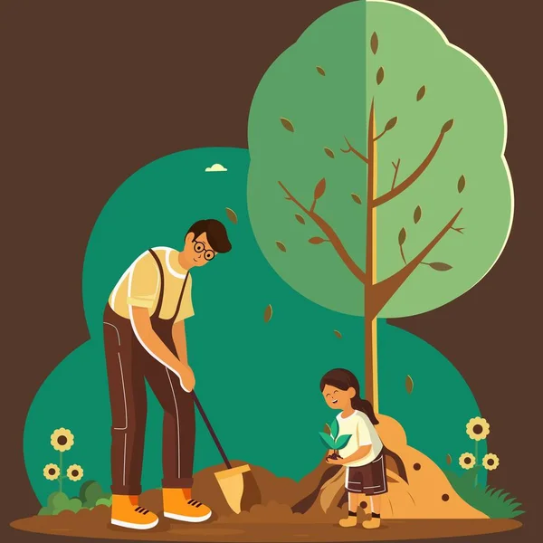 若い男と女の子のキャラクターガーデニングのベクトルイラストは 自然ブラウンの背景に一緒に 自然を守るコンセプト — ストックベクタ