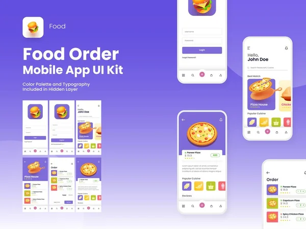食品订单移动应用程序Ui套件 包括登录 食品菜单 预订和服务类型评审屏幕 — 图库矢量图片